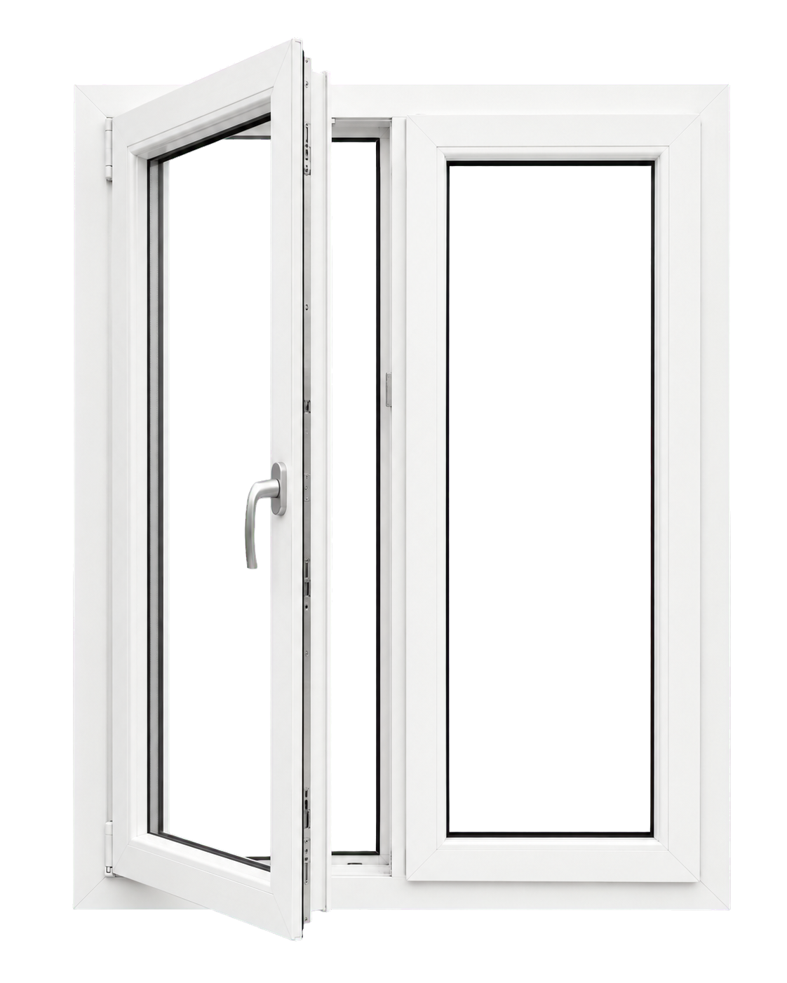 Janela PVC branca de duas folhas, com uma folha aberta